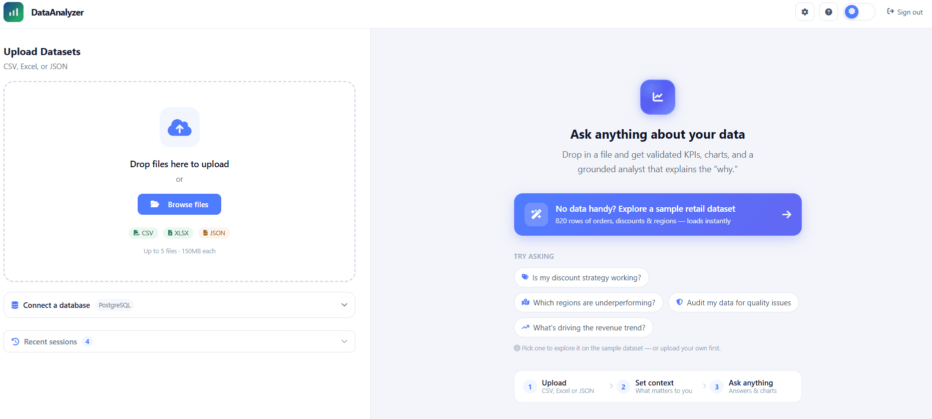 DataAnalyzer upload and analytics interface