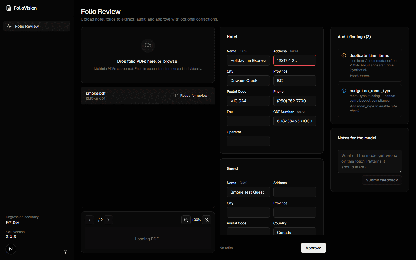Human-in-the-loop hotel folio extraction and audit review interface
