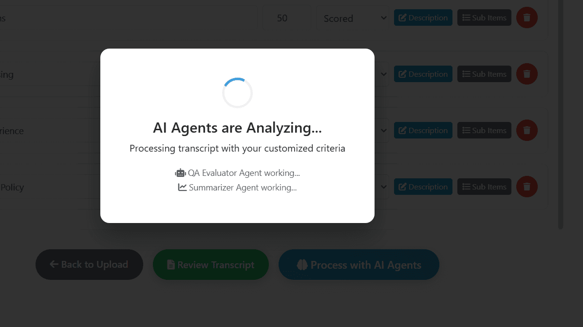 QA evaluation system showing multi-agent processing